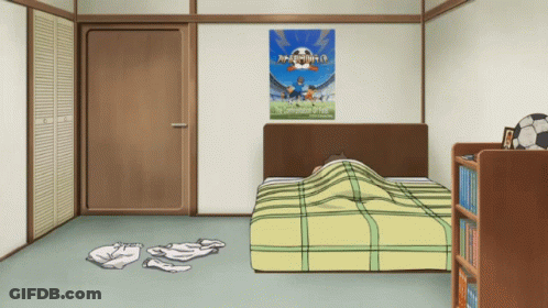 A Bedroom With A Bed And A Poster On The Wall That Says " The Combination Of Fate " GIF