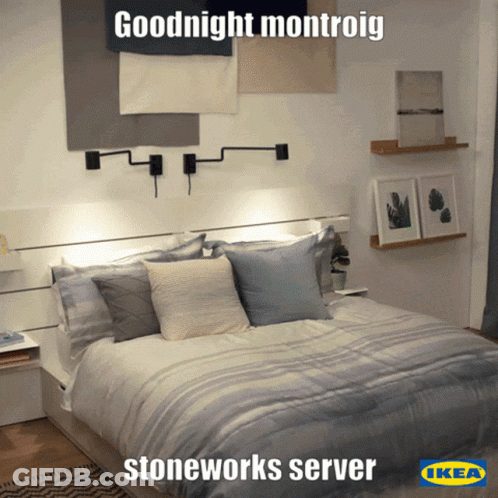 A Bedroom With A Bed And A Sign That Says Goodnight Montroig Stoneworks Server GIF