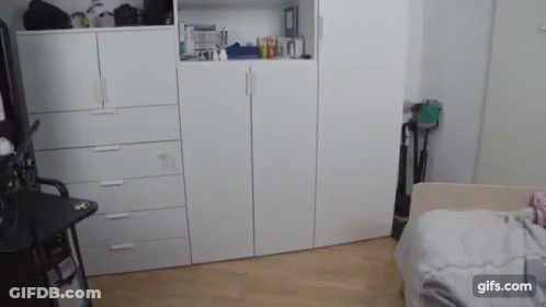 A Bedroom With A Bed , Dressers , And A Vacuum Cleaner . GIF