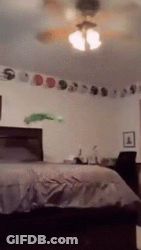 A Bedroom With A Ceiling Fan And A Bed . GIF