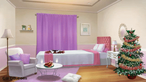 A Bedroom With A Christmas Tree And A Purple Curtain GIF