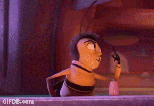 A Bee From The Bee Movie Is Standing In Front Of A Window . GIF
