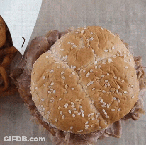 A Beef Sandwich With Sesame Seeds On A Bun GIF