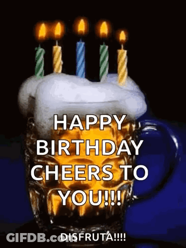 A Beer Mug With Candles On Top Of It And The Words `` Happy Birthday Cheers To You !! '' GIF