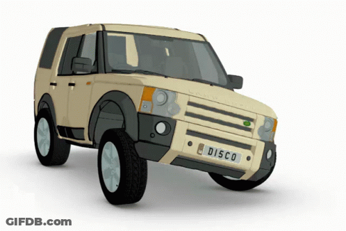 A Beige Land Rover With A License Plate That Reads Disco GIF