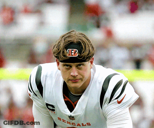 A Bengals Football Player Wearing A Headband With The Letter B On It GIF