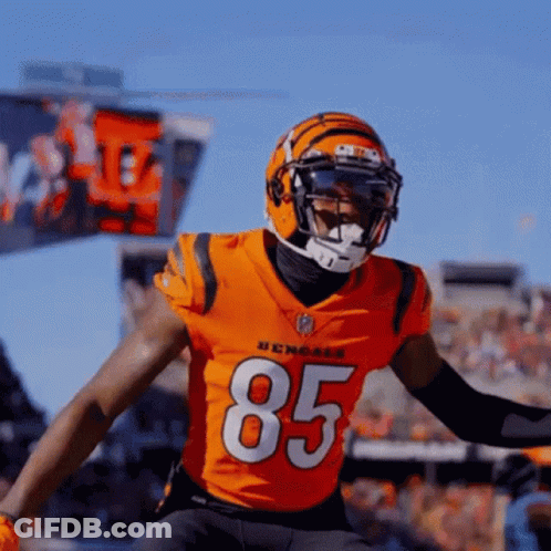 A Bengals Football Player Wearing A Helmet And A Jersey With The Number 85 On It GIF