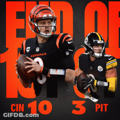 A Bengals Player Holding A Football Next To A Pittsburgh Steelers Player Holding A Football GIF