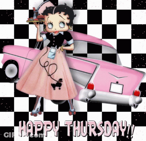 A Betty Boop Cartoon Says Happy Thursday In Front Of A Pink Car GIF