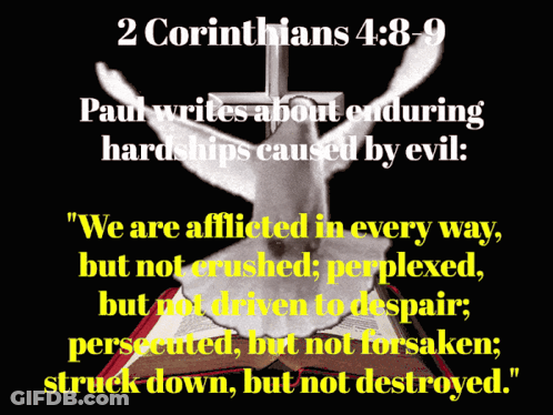 A Bible Verse From 2 Corinthians 4 Shows A Dove And A Cross GIF