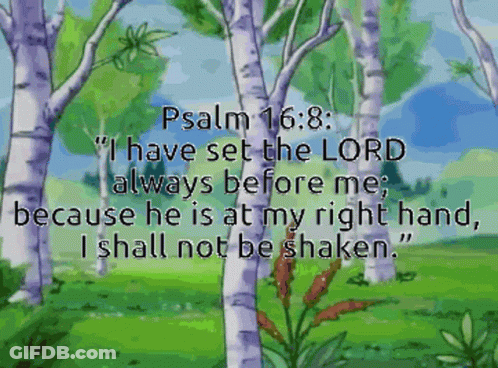 A Bible Verse From Psalm 16 8 Is Displayed On A Painting Of Birch Trees GIF