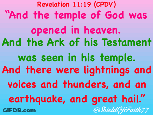 A Bible Verse From Revelation 11:19 Is Displayed On A Colorful Background GIF