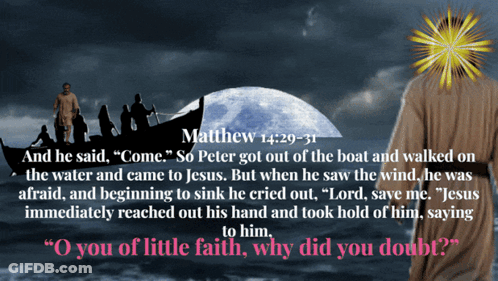 A Bible Verse That Says " O You Of Little Faith Why Did You Doubt " On It GIF