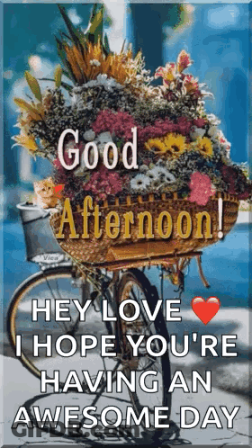 A Bicycle With A Basket Of Flowers In The Basket . GIF
