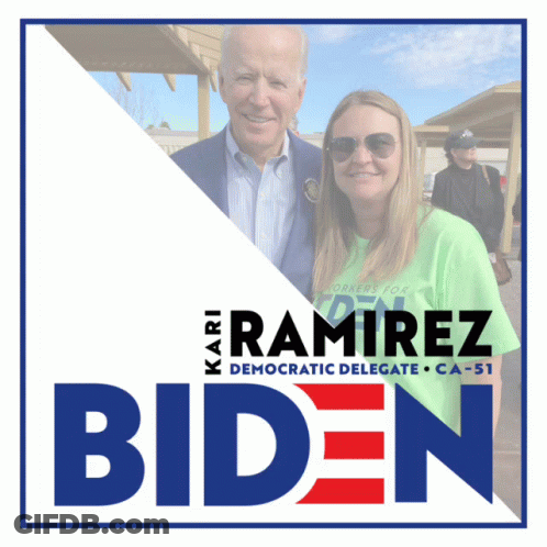 A Biden Poster With A Woman In A Green Shirt GIF
