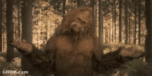 A Bigfoot Standing In A Forest With His Arms Outstretched GIF