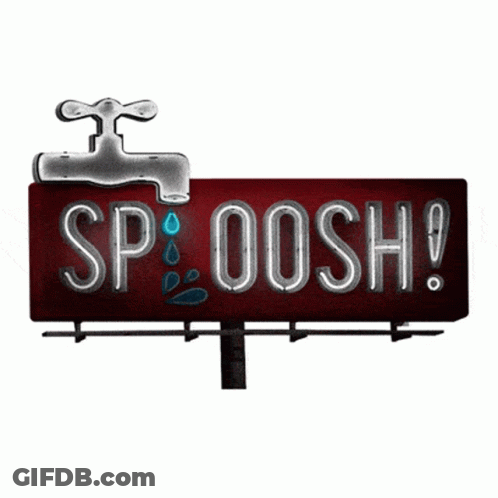 A Billboard That Says Spoosh With A Faucet On Top Of It GIF