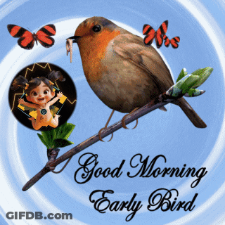 A Bird Is Perched On A Branch With The Words " Good Morning Early Bird " Below It GIF