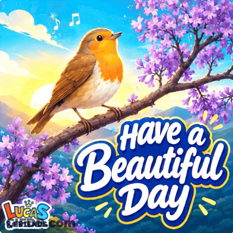 A Bird Perched On A Branch With Purple Flowers And The Words Have A Beautiful Day GIF