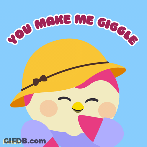 A Bird Wearing A Yellow Hat With The Words " You Make Me Giggle " Above It GIF