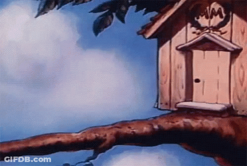 A Birdhouse Is Sitting On A Tree Branch With A Blue Sky In The Background GIF