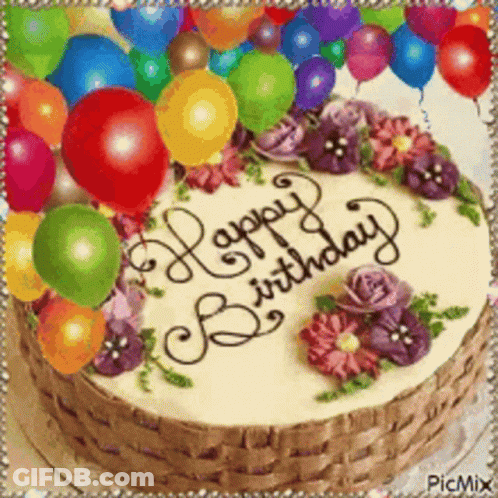 A Birthday Cake Decorated With Flowers And Balloons With The Words `` Happy Birthday '' Written On It . GIF