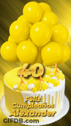 A Birthday Cake For Alexander With Yellow Balloons GIF