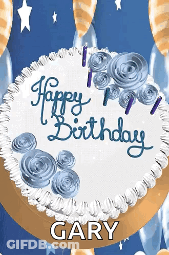 A Birthday Cake For Gary With Blue Frosting And Candles GIF