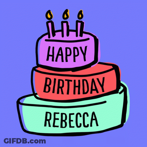 A Birthday Cake For Rebecca With Three Candles On It GIF