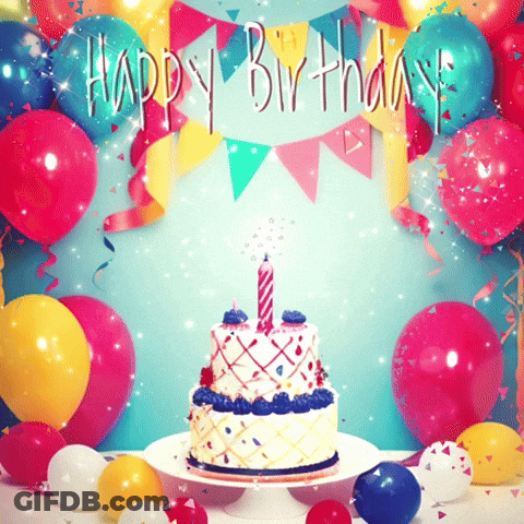 A Birthday Cake Is Surrounded By Balloons And A Banner That Says " Happy Birthday " GIF