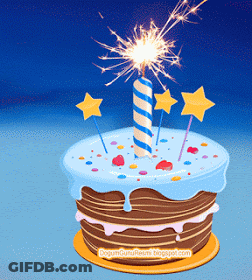 A Birthday Cake With A Blue And White Striped Candle On Top GIF