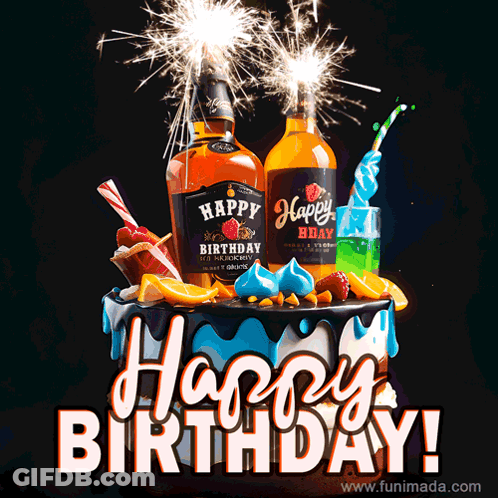 A Birthday Cake With A Bottle Of Happy Birthday Whiskey On Top GIF