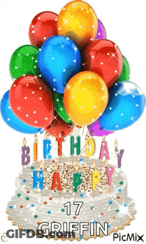 A Birthday Cake With A Bunch Of Balloons And Candles On It GIF