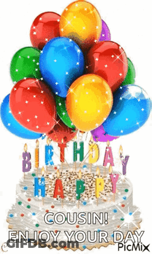 A Birthday Cake With A Bunch Of Balloons And Candles On It . GIF