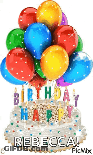 A Birthday Cake With A Bunch Of Balloons And The Name Rebecca On It GIF