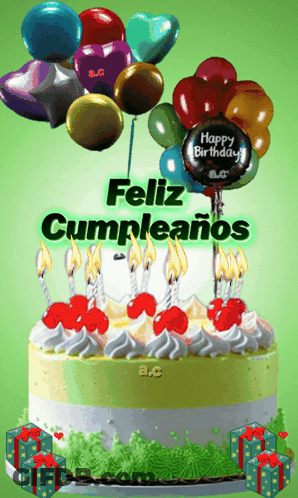 A Birthday Cake With A Bunch Of Balloons And The Words Feliz Cumpleanos On It GIF