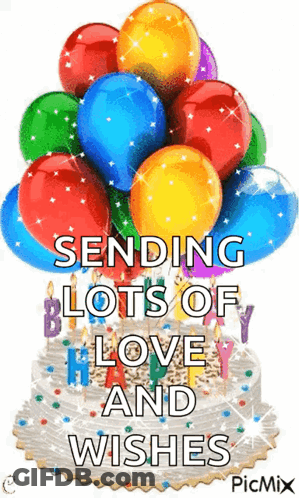 A Birthday Cake With A Bunch Of Balloons On Top Of It . GIF