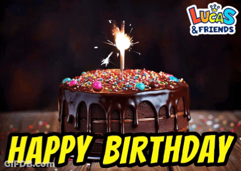 A Birthday Cake With A Candle And The Words " Happy Birthday " On The Bottom GIF