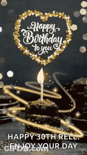 A Birthday Cake With A Candle On Top Of It And The Words `` Happy 30Th Rell Enjoy Your Day '' . GIF
