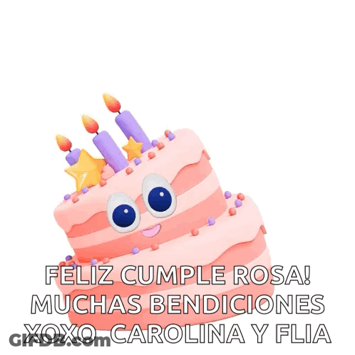 A Birthday Cake With A Face On It And The Words Feliz Cumple Rosa GIF