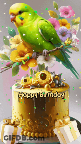 A Birthday Cake With A Green Parrot On It GIF