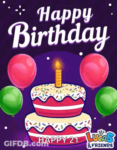 A Birthday Cake With A Lit Candle And Balloons . GIF