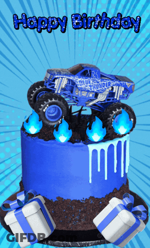 A Birthday Cake With A Monster Truck On Top And The Words Happy Birthday On The Bottom GIF