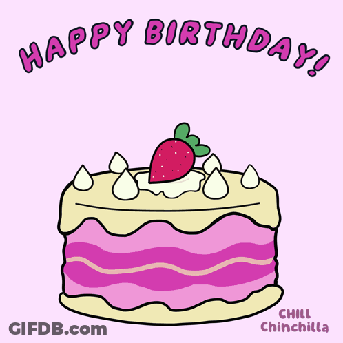 A Birthday Cake With A Strawberry On Top And The Words Happy Birthday On The Bottom GIF