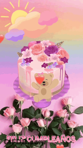 A Birthday Cake With A Teddy Bear Holding A Heart And The Words " Feliz Cumpleanos " Below It GIF