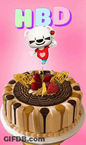 A Birthday Cake With A Teddy Bear Holding A Rose And The Word Hbd Above It GIF