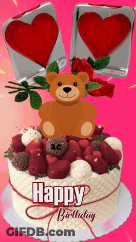 A Birthday Cake With A Teddy Bear On Top And The Words Happy Birthday GIF