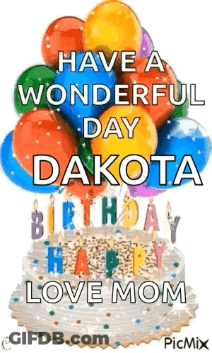 A Birthday Cake With Balloons And Candles On It . GIF