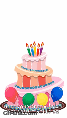 Birthday Cake With Balloons Candles And Wishes GIF