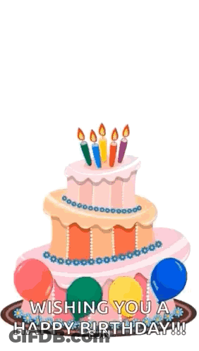 A Birthday Cake With Balloons And Candles On It GIF